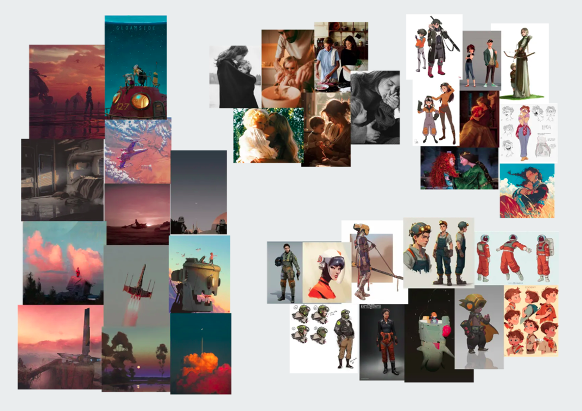 World, story, and character relationship moodboard