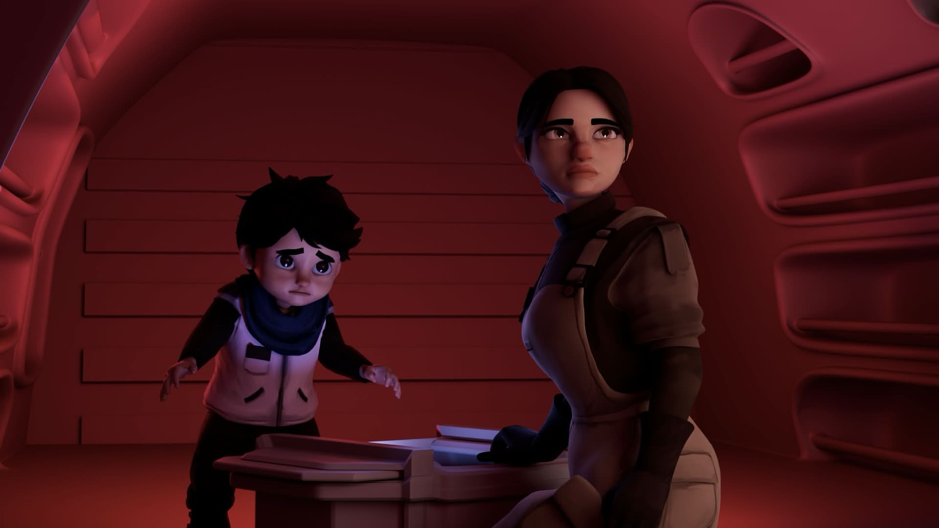 Early lighting test with Amelia and young Leo inside the ship